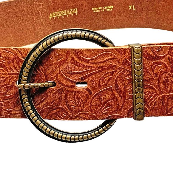 ANTONIAZZI Firenze Brown Tooled‎ Leather Wide Waist Belt - Picture 1 of 11